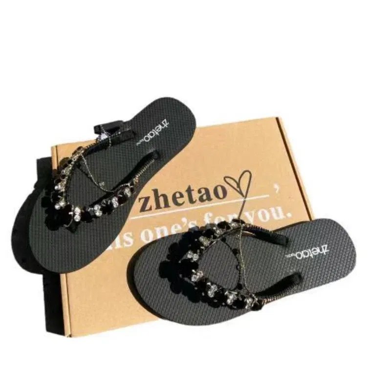 Color: Black, Shoe Size: 40 - Outdoor Leisure Flip Flops Women 2024 Summer Fashion Lady Beach Shoes Luxurious Rhinestone Embellished Women's Flat Slippers