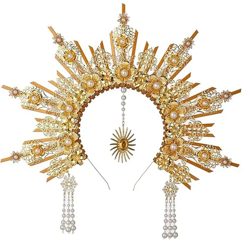 Color: Yellow - MATERIAL PACKAGE Sunburst Goddess Gold Spike Mary Halo Crown Headpiece NYLON ZIP TIE Wedding Bride Hair Band Tiar