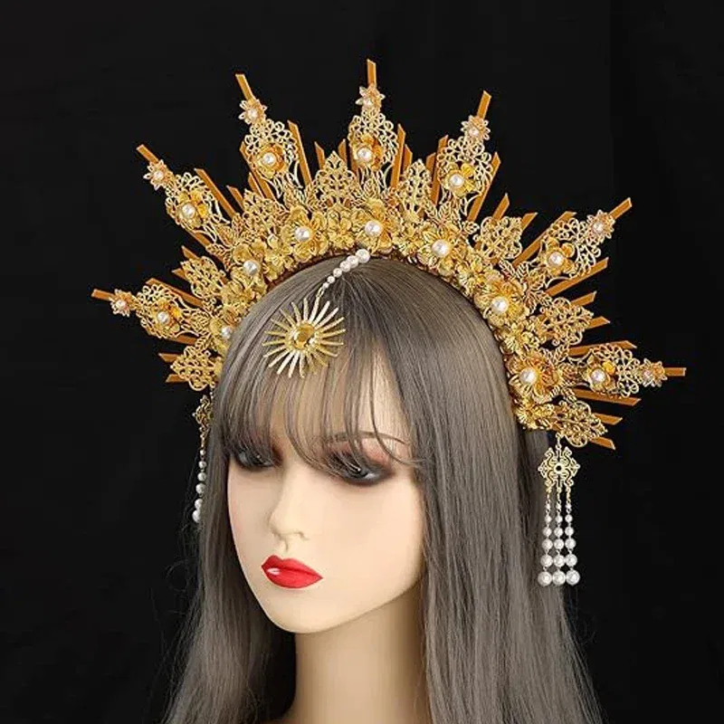 Color: Yellow - MATERIAL PACKAGE Sunburst Goddess Gold Spike Mary Halo Crown Headpiece NYLON ZIP TIE Wedding Bride Hair Band Tiar