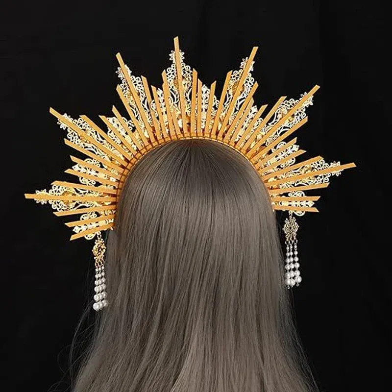 Color: Yellow - MATERIAL PACKAGE Sunburst Goddess Gold Spike Mary Halo Crown Headpiece NYLON ZIP TIE Wedding Bride Hair Band Tiar