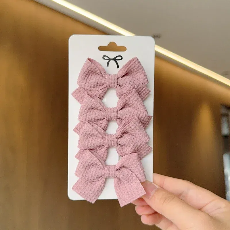 Color: Dark Yellow - 4PCS Soft Cotton Bow Hairpin Girl Sweet Plaid Design Hairpin Color Block Delicate Hairgripe Barrettes Kawaii Child Accessories