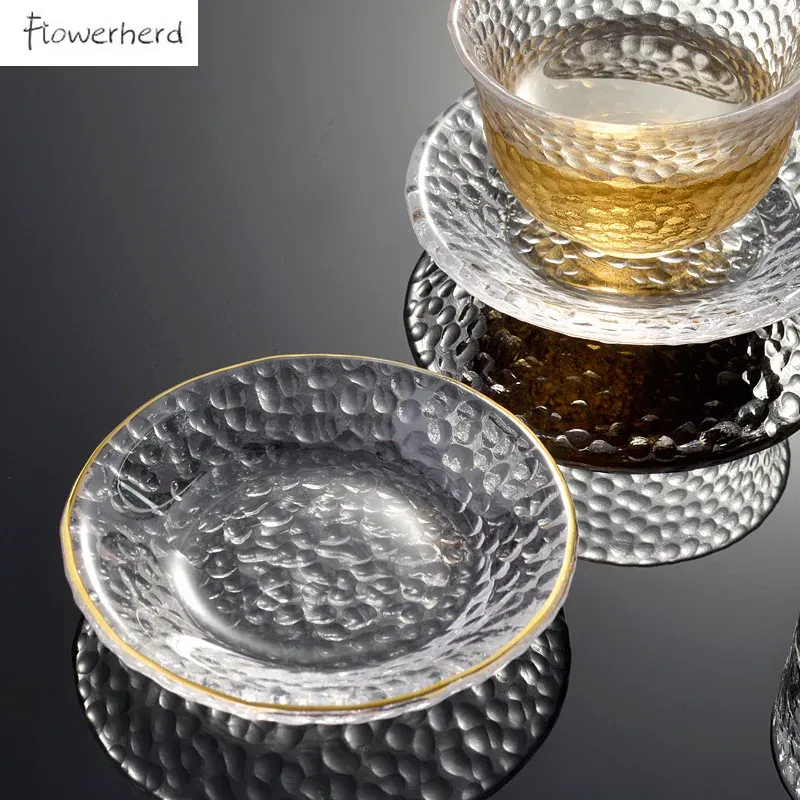 Color: Blue - Japanese Style Round Insulated Glass Tea Mat Saucer Teaware Creative Kung Fu Tea Set Cup Holder Phnom Penh Saucer