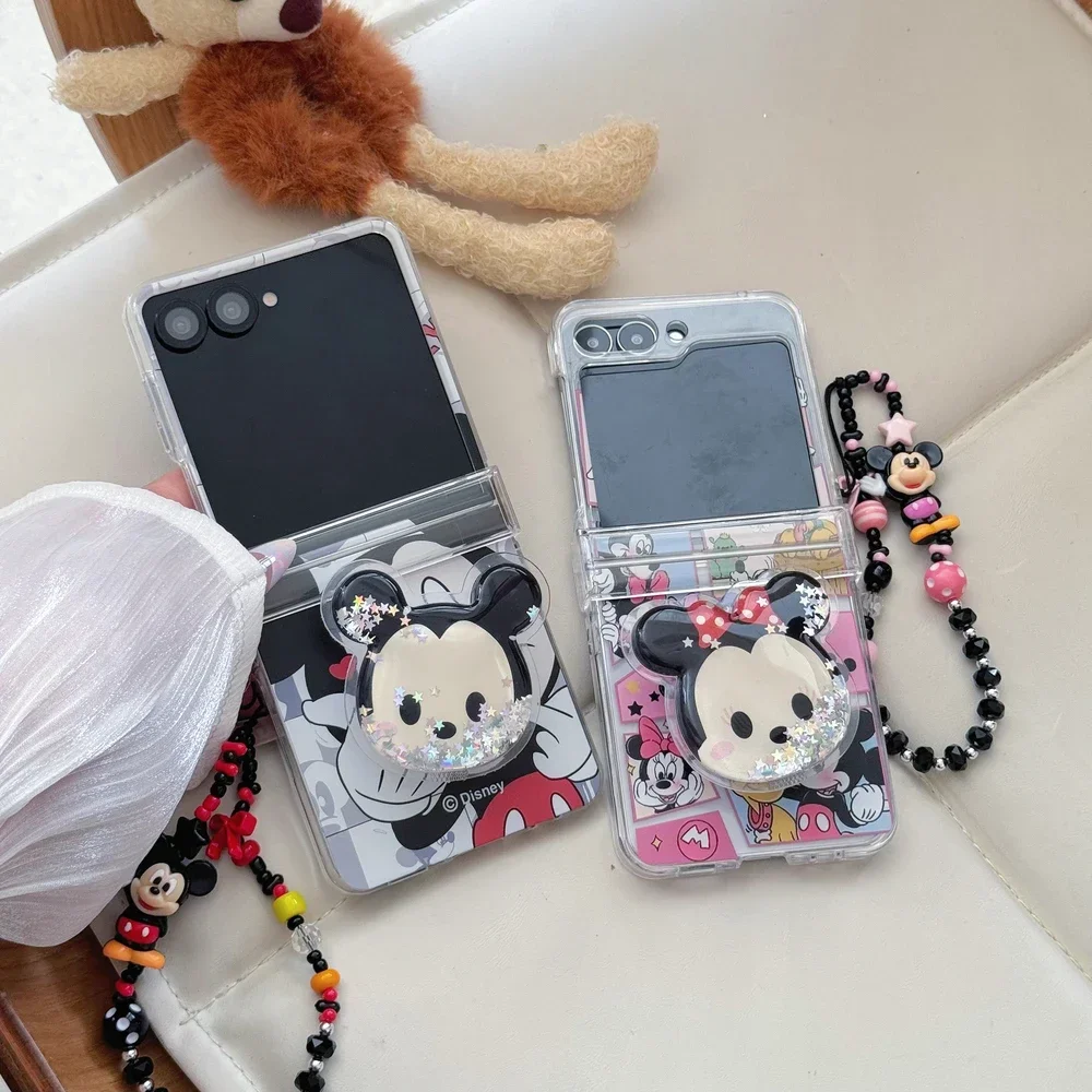 Material: ABS, Color: Blue - Cute Cartoon Disney Mickey Minnie Mouse Phone Case For Samsung Galaxy Z Flip 7 6 5 4 3 Stand Holder Case Hard Cover With Lanyard