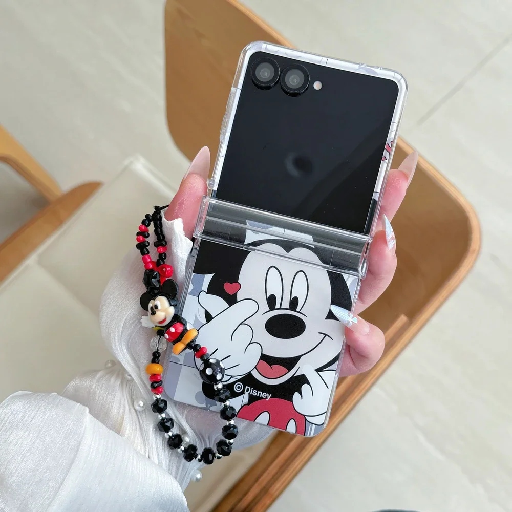 Material: ABS, Color: Blue - Cute Cartoon Disney Mickey Minnie Mouse Phone Case For Samsung Galaxy Z Flip 7 6 5 4 3 Stand Holder Case Hard Cover With Lanyard