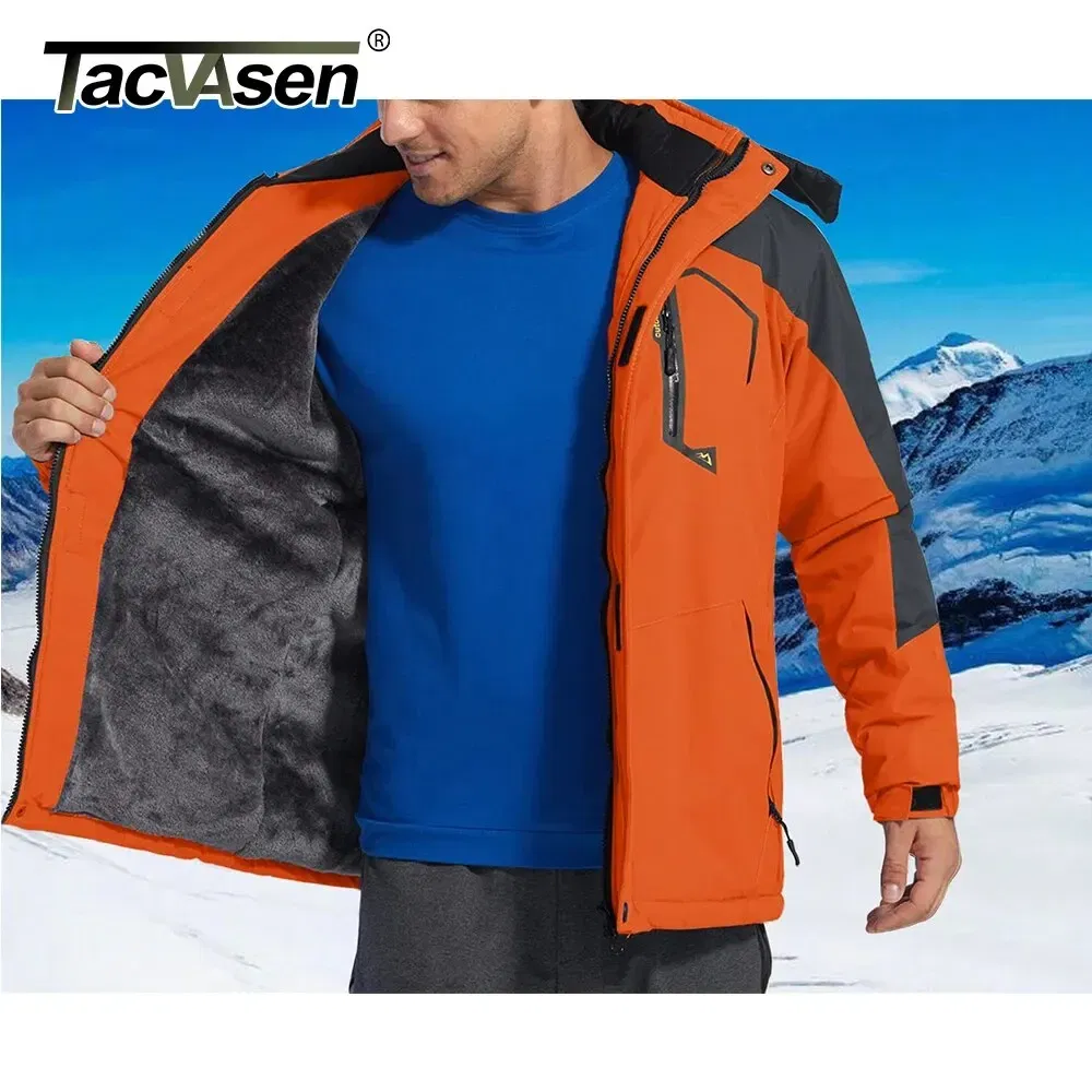 Size: 6XL, Color: Yellow - TACVASEN Winter Mens Skiing Jacket Hood Waterproof Hiking Fishing Travel Fleece Jacket Snowboard Coats Outdoor Parka Windbreaker