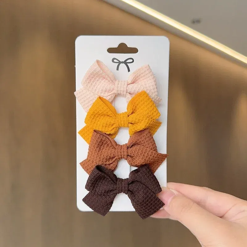 Color: Champagne - 4PCS Soft Cotton Bow Hairpin Girl Sweet Plaid Design Hairpin Color Block Delicate Hairgripe Barrettes Kawaii Child Accessories