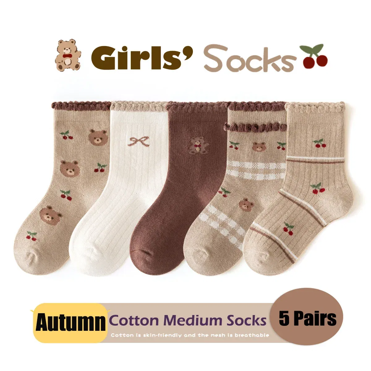 Color: Blue, Size: 4-6T - Autumn Socks Baby 5 Pairs Cartoon Bunny Pattern Socks Girls Calf Length Children Socks Solid Cotton Socks