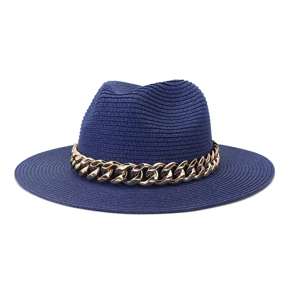 Color: Blue, Size: M - Fashion Gold Chain Belt Panama Straw Hats For Women Summer Breathable Beach Sun Hats Elegant Ladies Party Jazz Hat