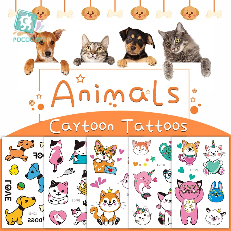 Color: Red - Cartoon Animal Waterproof Temporary Tattoo Cute Pet Cats and Dogs Tattoo Stickers Children Boy Girl Fake Body Art Flash Tatoo