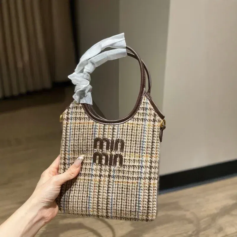 Color: Beige - Retro Hobo Thousand Bird Grid Mini Underarm Bag, Mao Ni Large Capacity Shoulder Cross Carrying Tote Bag