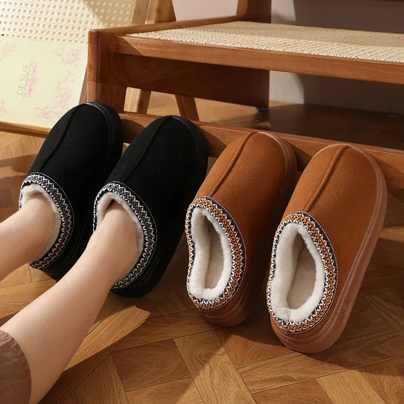 Color: Khaki, Shoe Size: 42-43 - Comfort Thick Bottom Cotton Slippers Women 2025 Winter Warm Thick Plush Non Slip Furry Clogs Shoes Embroidery Suede Snow Boots