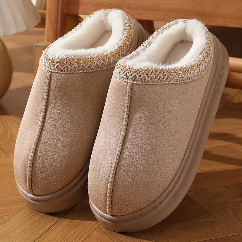 Color: Khaki, Shoe Size: 42-43 - Comfort Thick Bottom Cotton Slippers Women 2025 Winter Warm Thick Plush Non Slip Furry Clogs Shoes Embroidery Suede Snow Boots