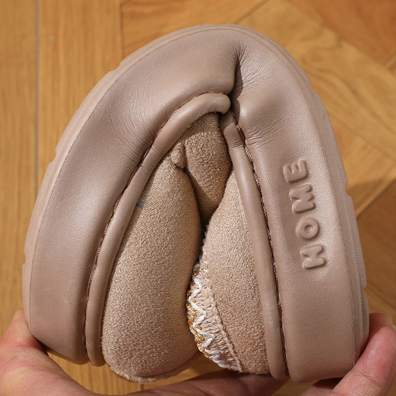 Color: Khaki, Shoe Size: 42-43 - Comfort Thick Bottom Cotton Slippers Women 2025 Winter Warm Thick Plush Non Slip Furry Clogs Shoes Embroidery Suede Snow Boots