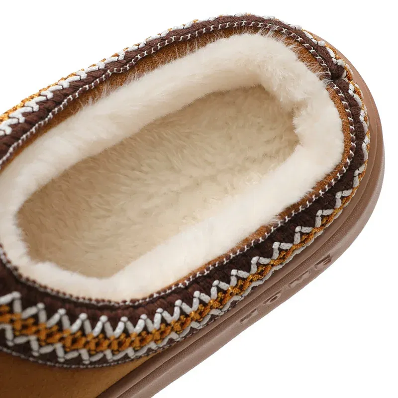 Color: Khaki, Shoe Size: 42-43 - Comfort Thick Bottom Cotton Slippers Women 2025 Winter Warm Thick Plush Non Slip Furry Clogs Shoes Embroidery Suede Snow Boots