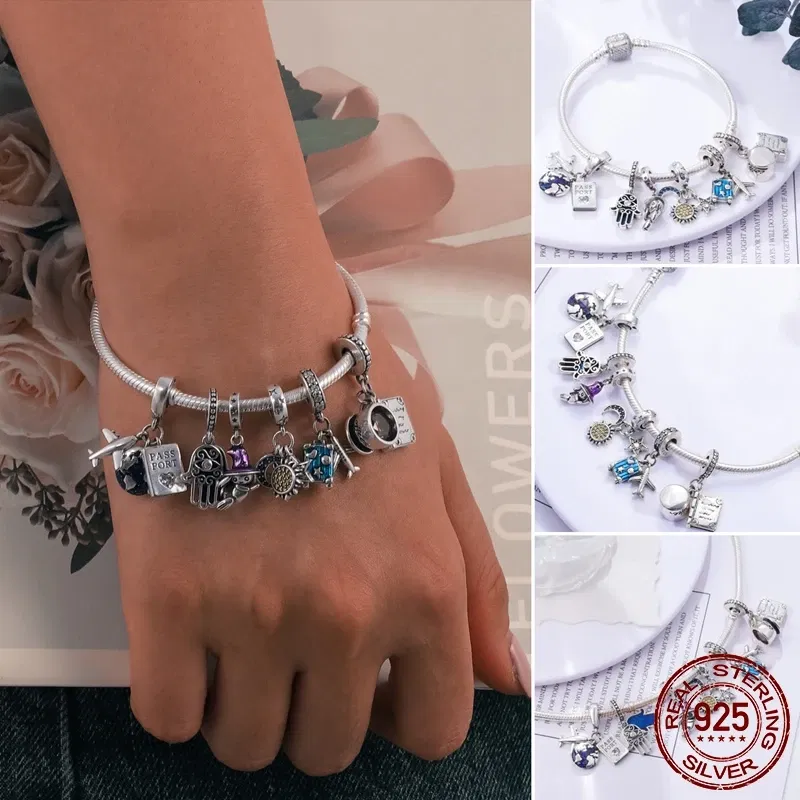 Gem Color: COLOR, Length: 17cm - Original 925 Sterling Silver Bracelet Star Heart Clasp Snake Chain Rose Gold DIY Beads Charms Bracelets For Women Luxury Jewelry