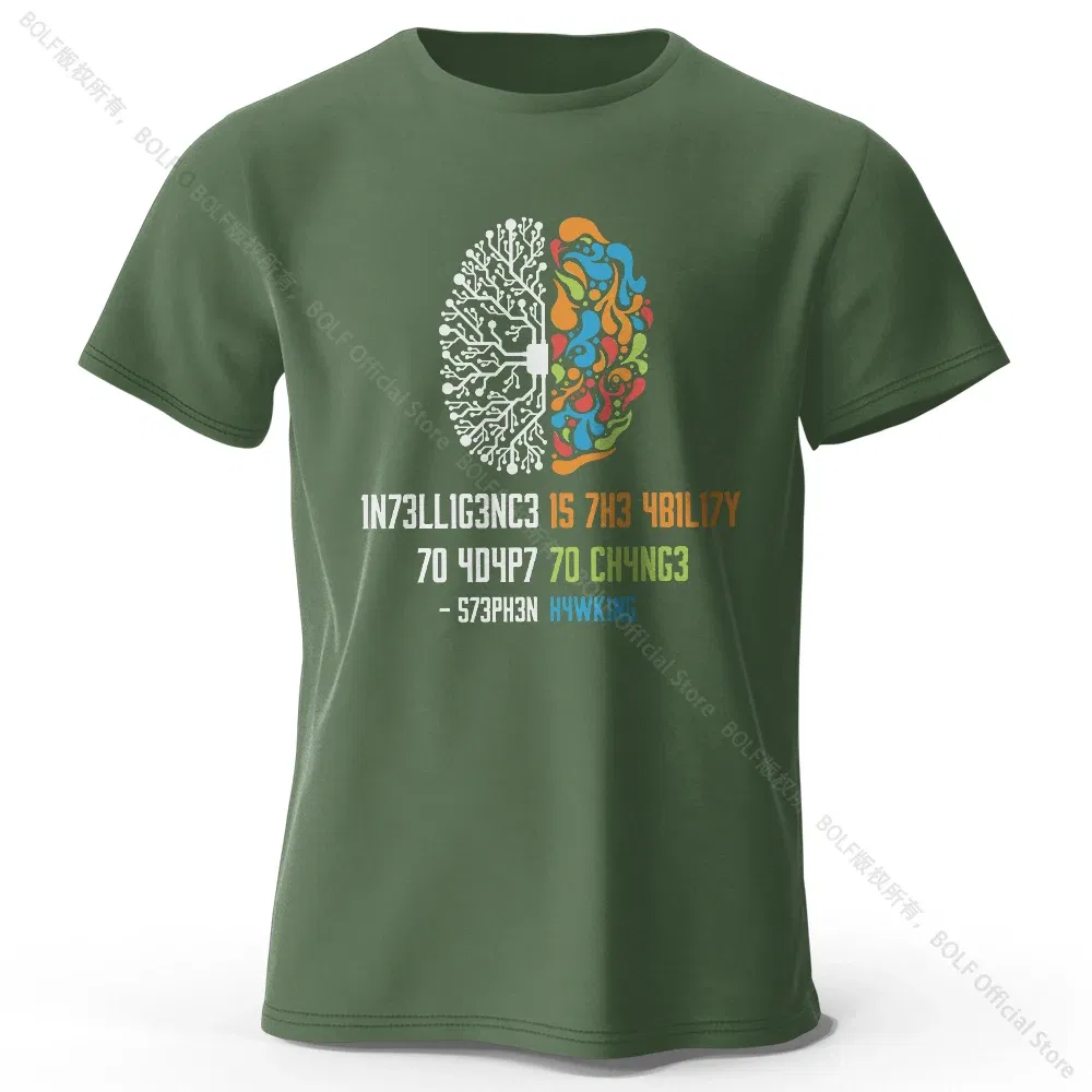 Color: army green, Size: XXL - Funny Brain Power Printed 100% Cotton T-Shirt, Soft & Breathable Round Neck Short Sleeve Tee, Unisex Quirky Style