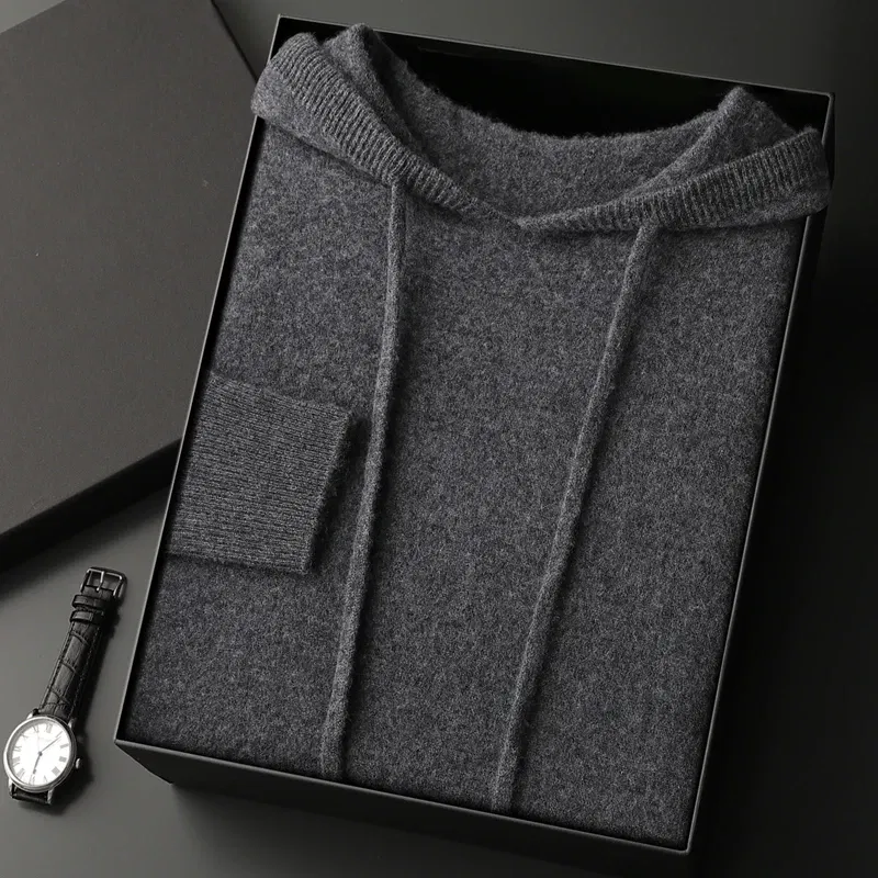 Color: Dark Grey, Size: M - Yoyoselect Men's 100% Cashmere Luxury Sweater Hoodie Autumn Winter Thick Warm Hooded Pullover Casual Smart Jumpers Knitwear Top