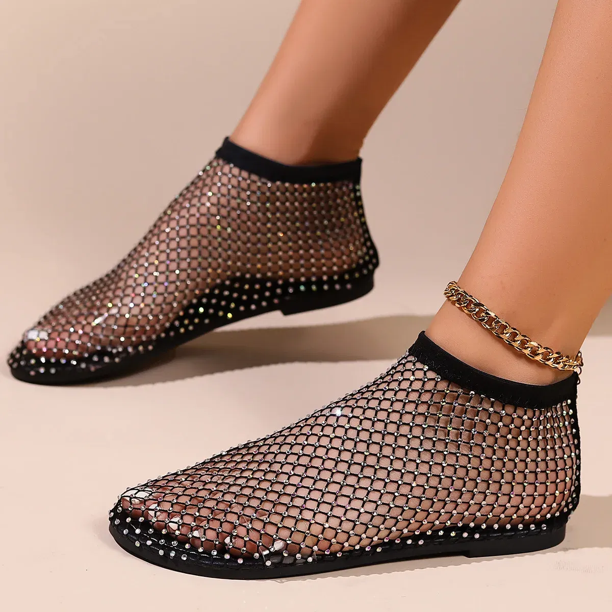 Color: Beige, Shoe Size: 36 - Women Summer New Fashion Mesh Luxurious Rhinestone Designer Simple Solid Color Sandals Daily Versatile Round Toe Womens Sandal