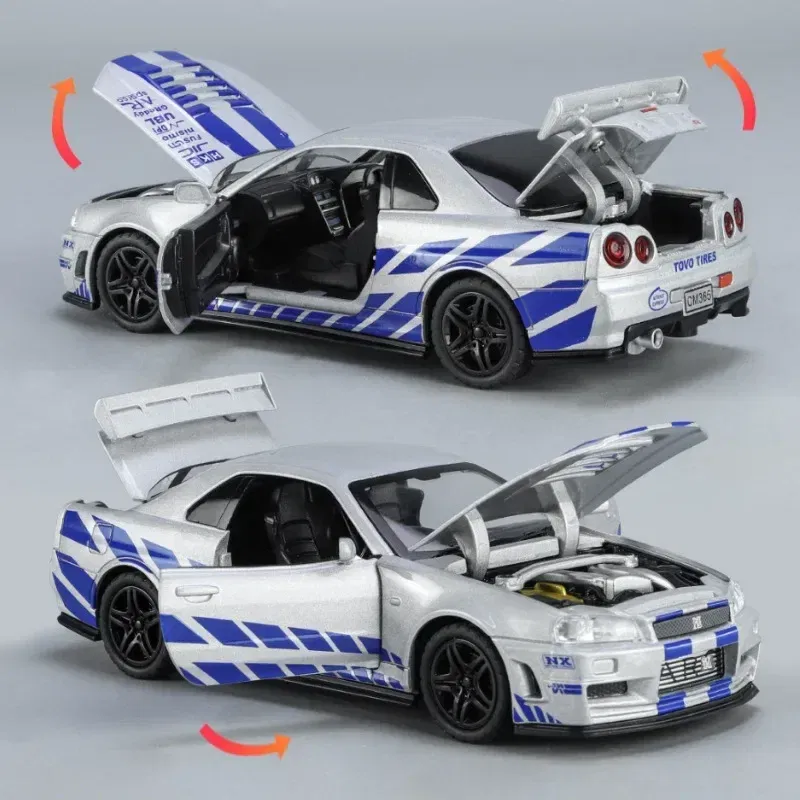 Color: WHITE - 1:32 Nissan Skyline Ares GTR R34 Alloy Sports Car Model Diecast Metal Toy Racing Car Model Simulation Sound Light Childrens Gift