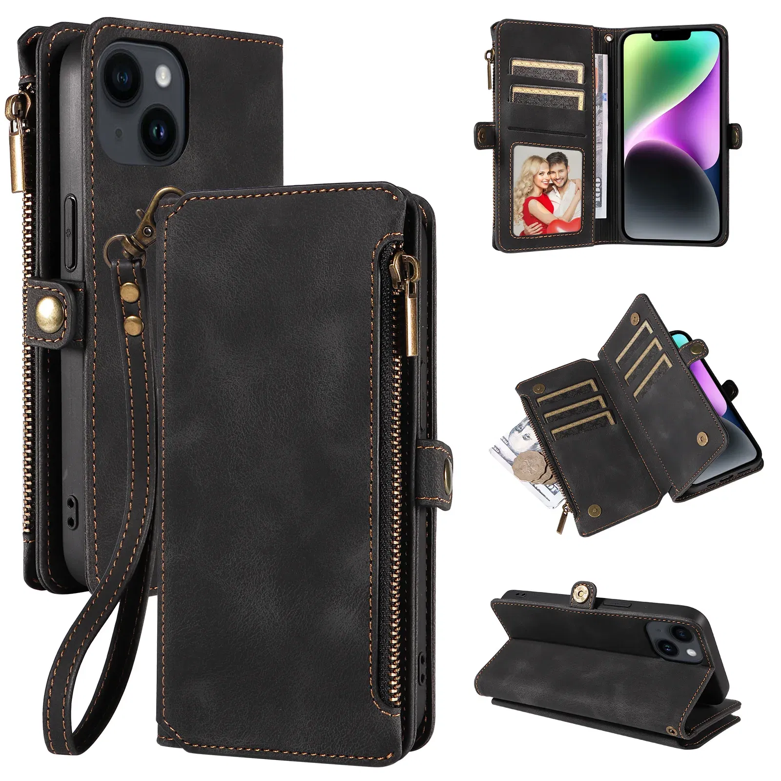 Color: black, Material: PE - Zipper Multi 9 Cards Wallet Case for OPPO Reno 12 10 8 7 6 5 Pro 11F 11A 8T 6Z 5Z Retro Leather Lanyard Wrist Strap Phone Cover