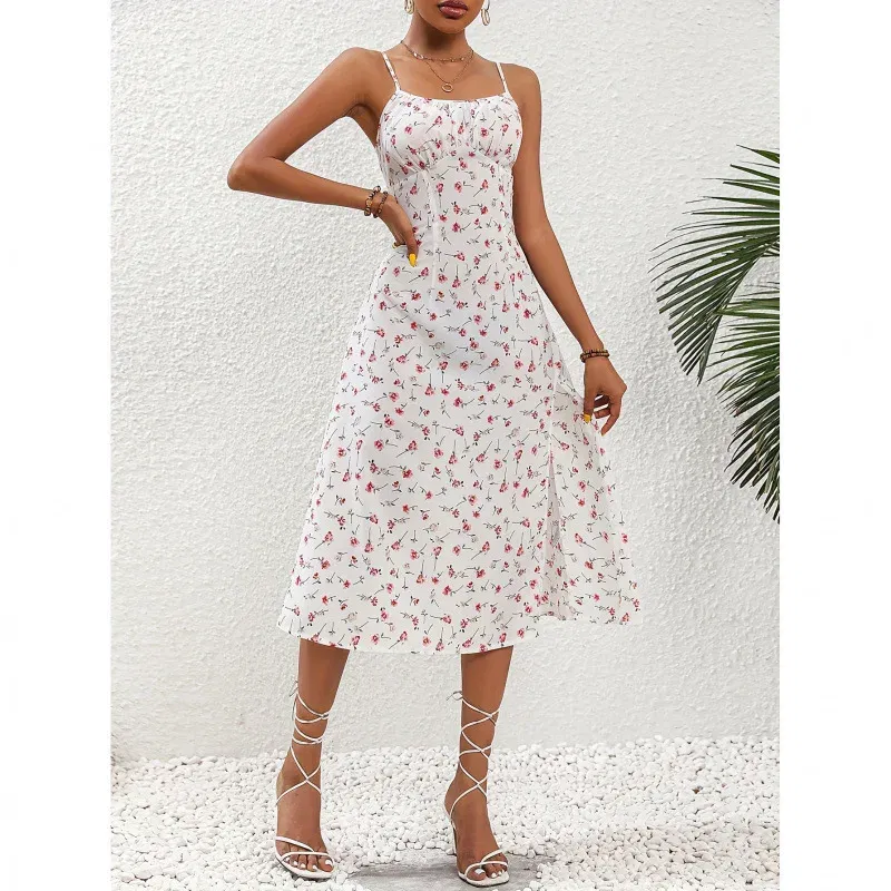 Color: SKY BLUE, Size: L - 2025 Summer Sexy Spaghetti Straps Dress Women Fashion Polka Dot Print Sleeveless Slit Dress Boho Casual Beach Midi Dresses
