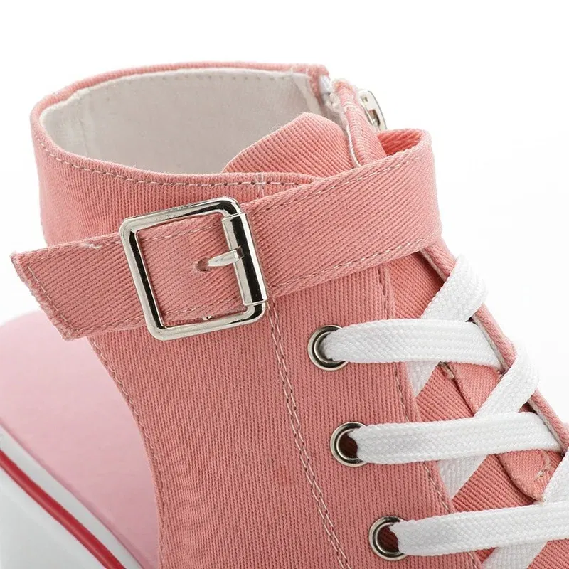 Color: WHITE, Shoe Size: 43 - Spring Summer Women's Height Increasing Platform Canvas Fish Mouth Shoes Open Toe Hollow Canvas Wedge Shoes Zapatos Para Mujer
