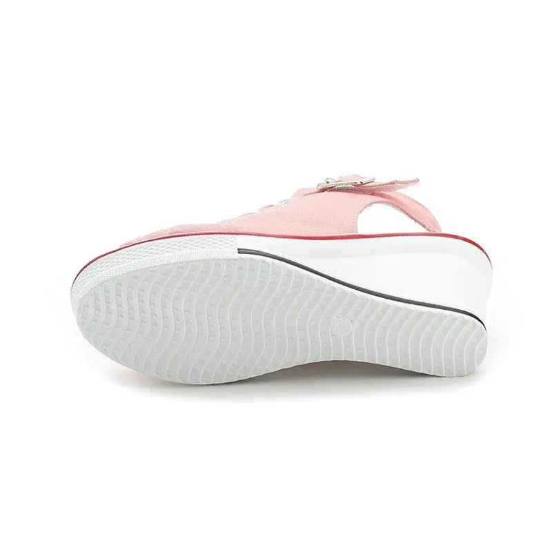 Color: WHITE, Shoe Size: 43 - Spring Summer Women's Height Increasing Platform Canvas Fish Mouth Shoes Open Toe Hollow Canvas Wedge Shoes Zapatos Para Mujer