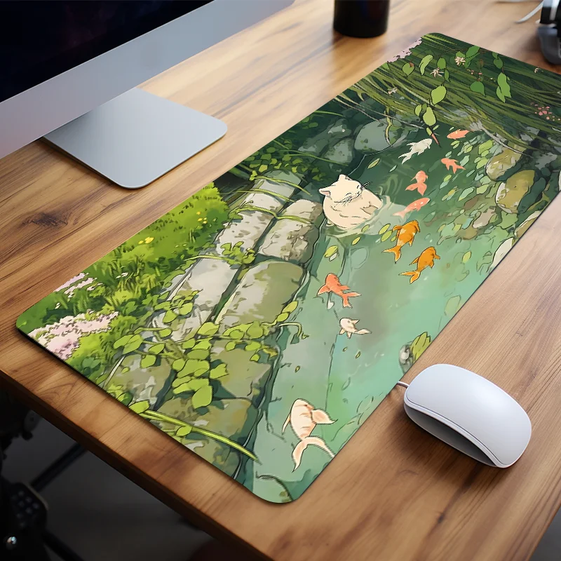 Size: 80x40 cm - Cute Cartoon Cat Fish Mouse Pad Green Large Computer Keyboard Pad Natural Rubber Anti-Slip Pad Perfect Gift for Girlfriend Women