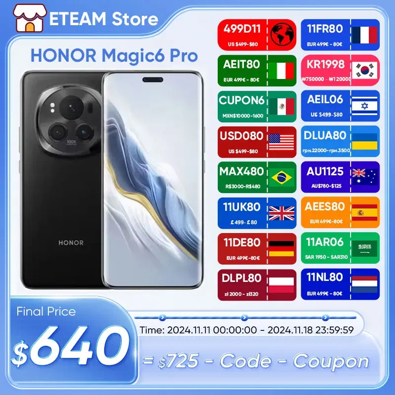 Color: black, Ships From: CHINA, Bundle: Bundle 5 - Original HONOR Magic6 Pro smartphone android Global Version Snapdragon 8 Gen 3 120HZ 6.8" Quad-Curved 180MP Camera 5600mAh