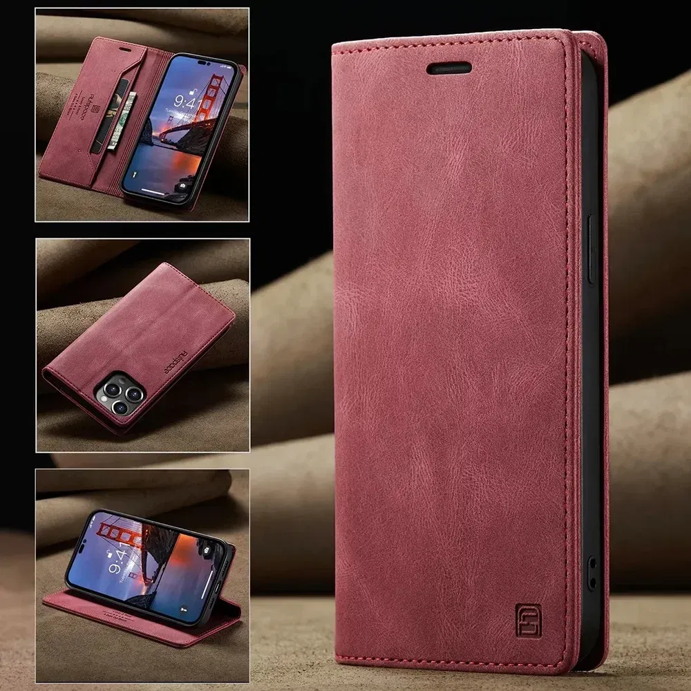 Color: Red, Material: Vinyl - Leather Cases for IPhone 16 15 14 13 12 11 Pro Max XR XS Max 8 7 6s Plus SE 2022 2020 Wallet Folio Flip Cover Rfid Blocking