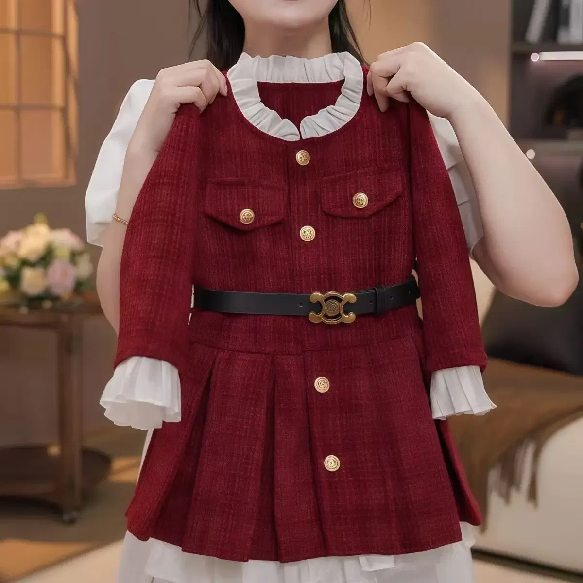 Color: Red, Kid Size: 2T - 2025 Fall Winter Girls' Fleece-Lined Dress Plush Cotton Padded Party Dress Chic Tweed A-Line Outfit Warm Elegant Toddler Gown
