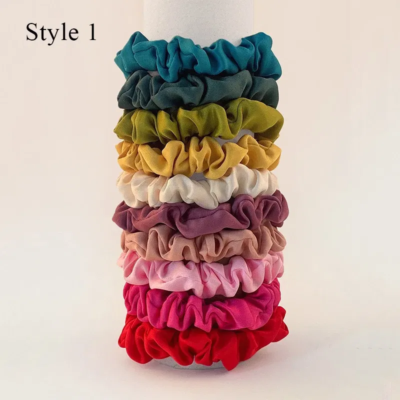 Color: GRAY - 10pcs/pack Women Colorful Satin Silk Scrunchies Elastic Hair Bands Solid Color Dot Hair Ties Ponytail Holder Hair Accessories