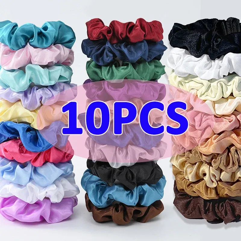 Color: GRAY - 10pcs/pack Women Colorful Satin Silk Scrunchies Elastic Hair Bands Solid Color Dot Hair Ties Ponytail Holder Hair Accessories