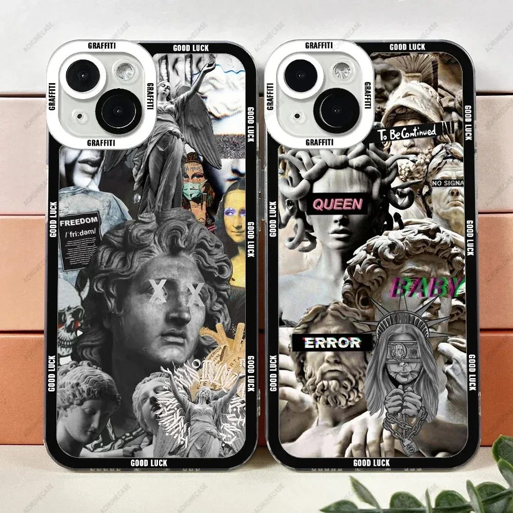 Color: Brown, Material: Silicon - Aesthetic Statue Art Phone Case For iPhone 16 15 14 13 12 11 Pro Max XS X XR Plus Mini Luxury Transparent Soft Funda