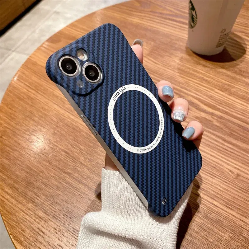 Color: Blue, Material: aluminum - Luxury Carbon Fiber for iPhone 11 14 Plus 12 13 Pro Max Magsafe Case Magnetic Wireless Hard Thin Slim Cover for iPhone 13 14 Max