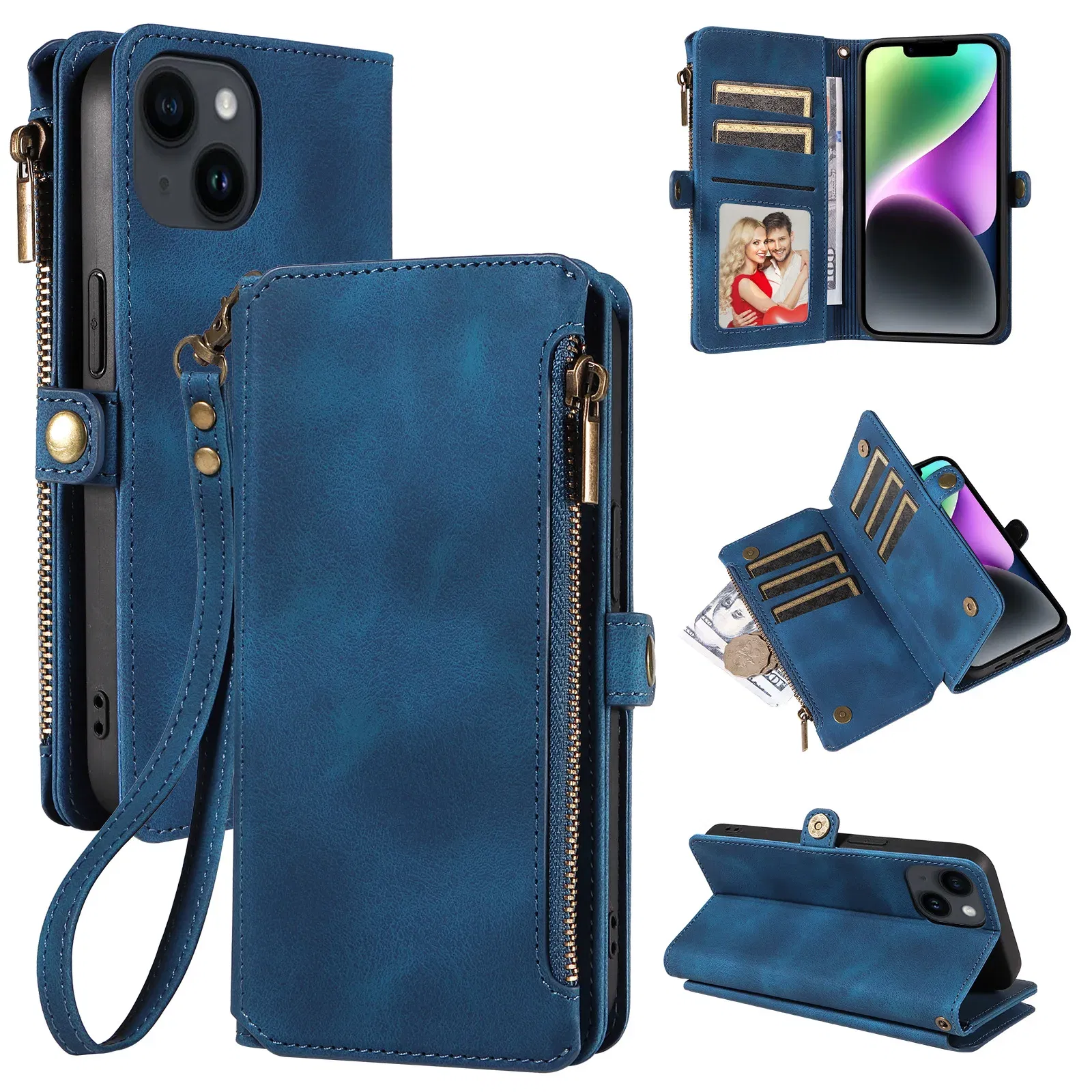 Color: SKY BLUE, Material: Plastic - Zipper Multi 9 Cards Wallet Case for OPPO Reno 12 10 8 7 6 5 Pro 11F 11A 8T 6Z 5Z Retro Leather Lanyard Wrist Strap Phone Cover