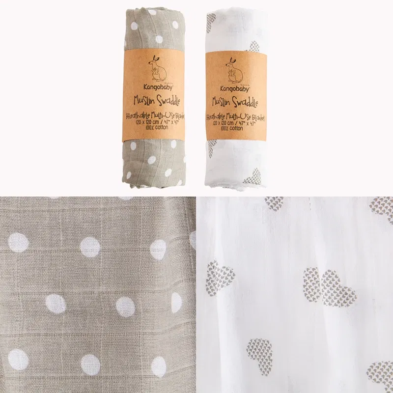 Color: WHITE - Kangobaby New Design 2pcs Set Double Layers 100% Cotton Newborn Baby Muslin Swaddle Blanket
