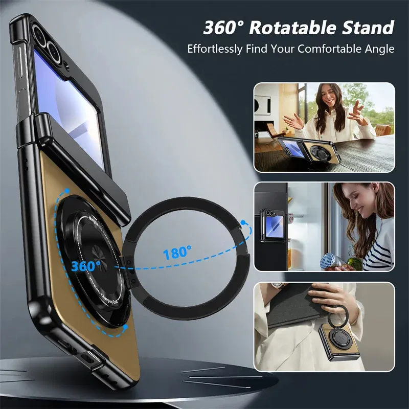 Color: Gold, Material: Cotton - 360?° Magnetic Rotate Holder Ring Phone Case For Samsung Galaxy Z Flip 6 5 4 Flip6 Flip5 Flip4 Flip3 Hard Shell Protection Cover