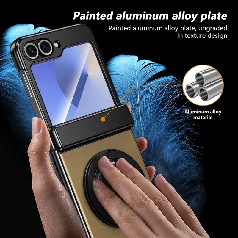 Color: Gold, Material: Cotton - 360?° Magnetic Rotate Holder Ring Phone Case For Samsung Galaxy Z Flip 6 5 4 Flip6 Flip5 Flip4 Flip3 Hard Shell Protection Cover