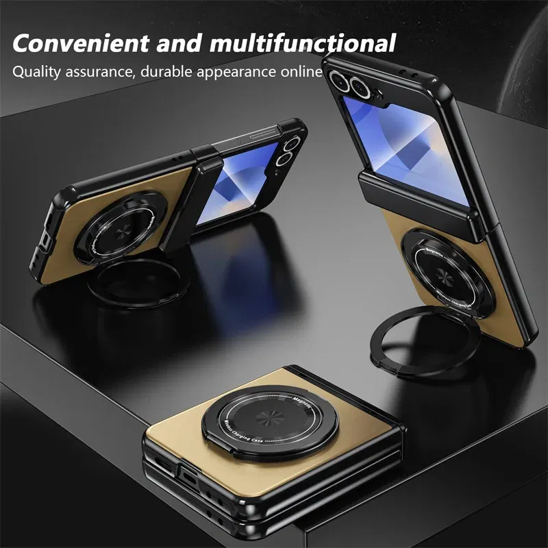 Color: Gold, Material: Cotton - 360?° Magnetic Rotate Holder Ring Phone Case For Samsung Galaxy Z Flip 6 5 4 Flip6 Flip5 Flip4 Flip3 Hard Shell Protection Cover