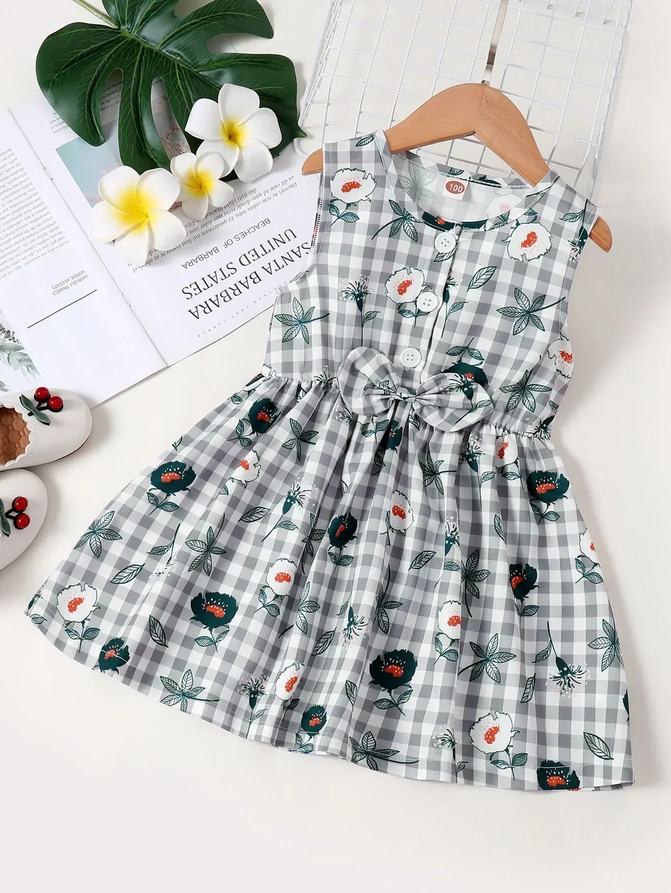 Color: Black, Kid Size: 32 - Kids Girl Princess Dress Flower print Checkered Style Lovely Bow Sleeveless Skirts Casual Daily Wear For Children Girl 1-6 Years