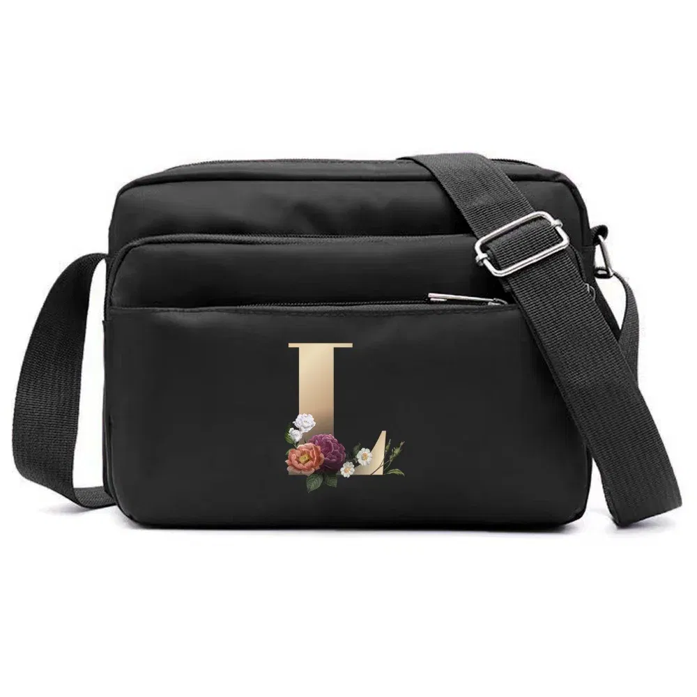 Color: Khaki - New Fashion Multi-layer Travel Leisure Simple Storage Bag Black Gold Letter Series Printing Pattern One Shoulder Crossbody Bag