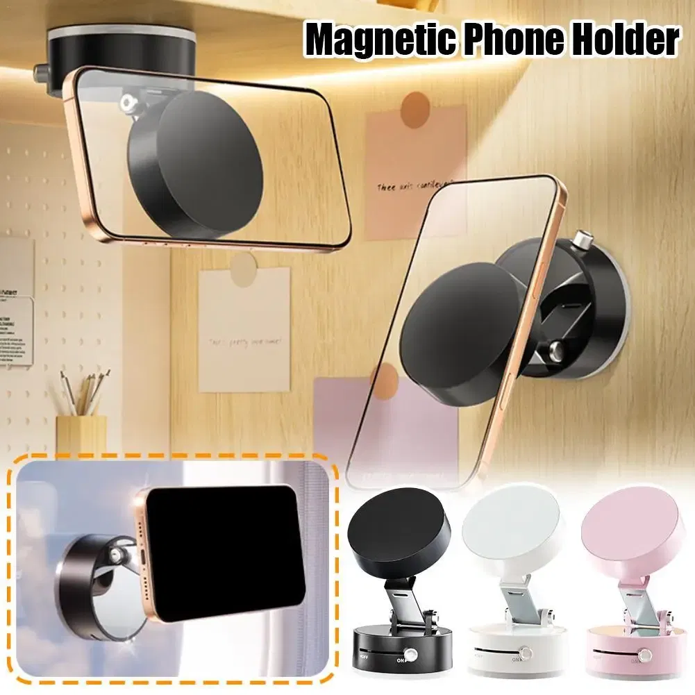 Color: WHITE - 180 Degree Adjustable Vacuum Suction Cup Folding Magnetic Mobile Phone Holder Foldable For Magsafe Lazy Car Suction Cup Holder