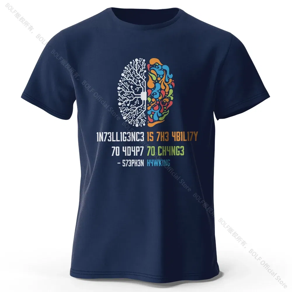 Color: Navy Blue, Size: L - Funny Brain Power Printed 100% Cotton T-Shirt, Soft & Breathable Round Neck Short Sleeve Tee, Unisex Quirky Style