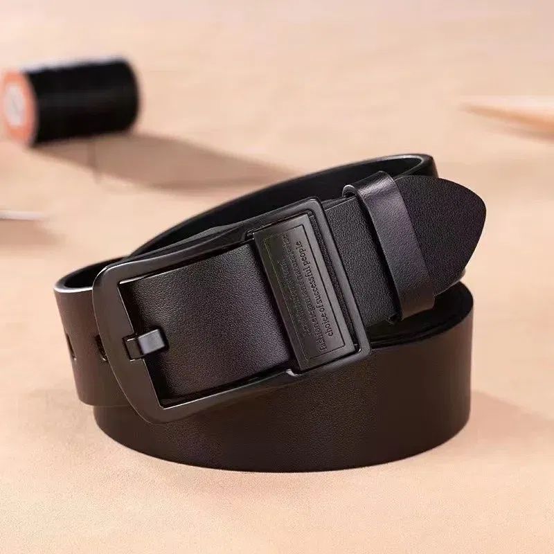 Color: black, Belt Length: 110cm - New Leather Cowhide Men's Belt Fashion Metal Alloy Pin Buckle Adult Luxury Brand Jeans Business Casual Waist Male Strap Brand
