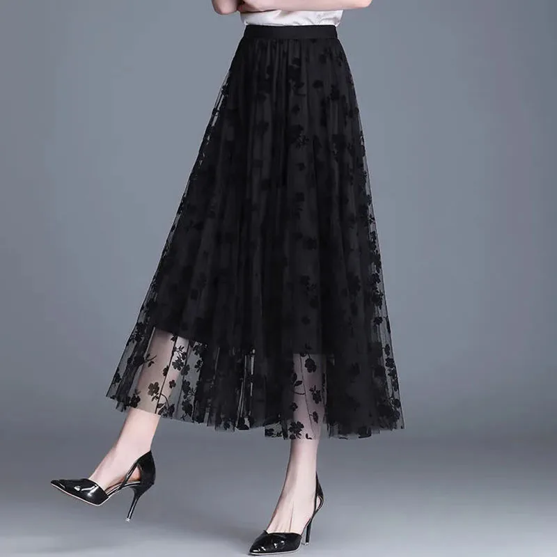 Color: black, Size: XL - GIDYQ Korean Women Mesh Skirt Fashion Hook Flower Loose Midi Skirt Elegant Female Casual All Match Skirts Summer New