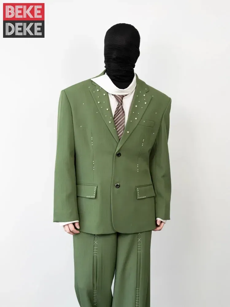 Color: Beige, Size: L - 2025 Hot Sale Mens Beads Design Spring Suits Casual Two Piece Set Loose Fit Fashion Match Set Outfit Hand Stitch Wide Leg Pants