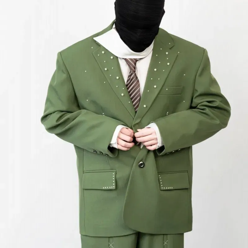 Color: Beige, Size: L - 2025 Hot Sale Mens Beads Design Spring Suits Casual Two Piece Set Loose Fit Fashion Match Set Outfit Hand Stitch Wide Leg Pants