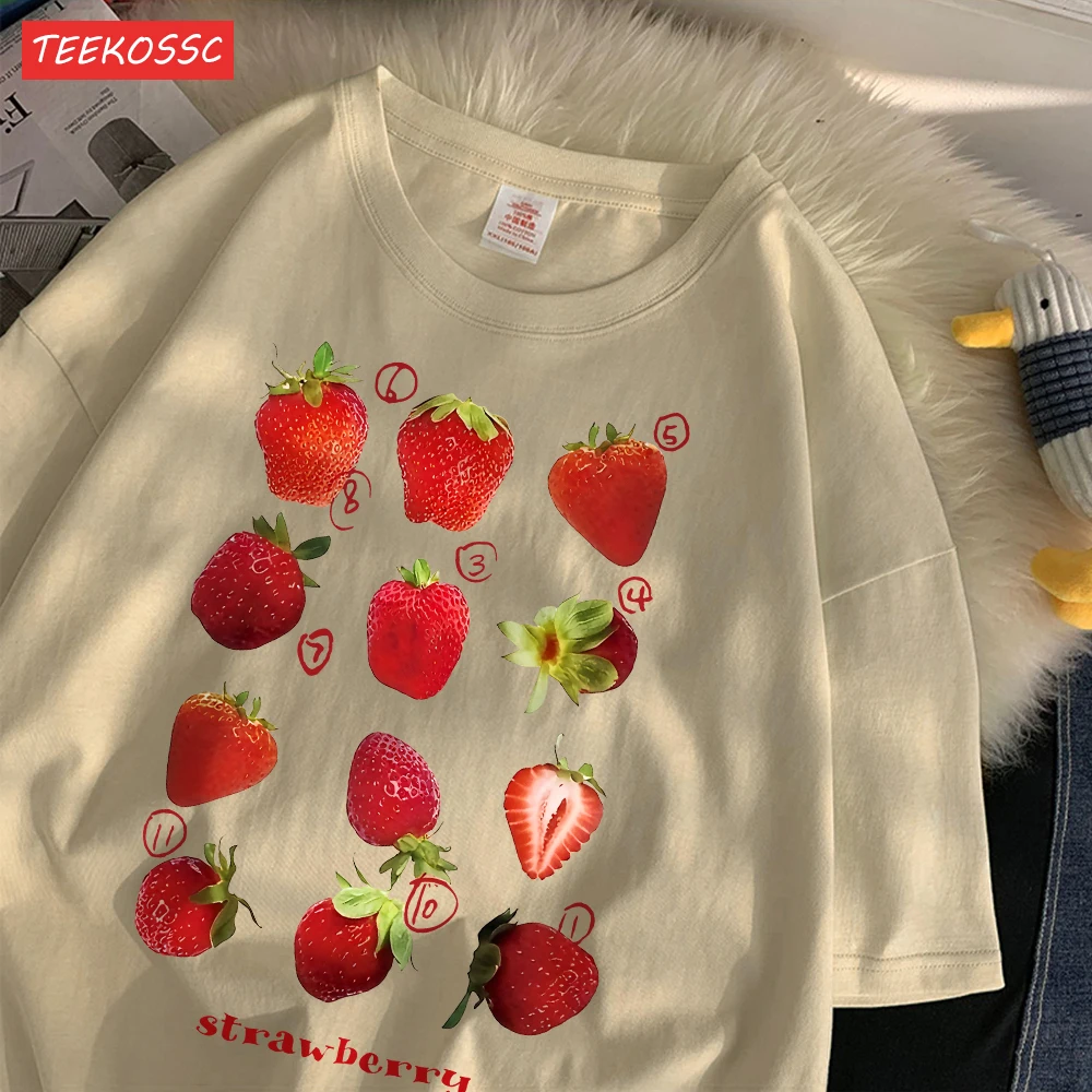 Color: Dark Grey, Size: XXL - 100% Cotton Women T-shirt Cute Fresh Strawberries Printed Tee Shirt Summer Comfortable Loose Tops Street Fashion Female Clothes