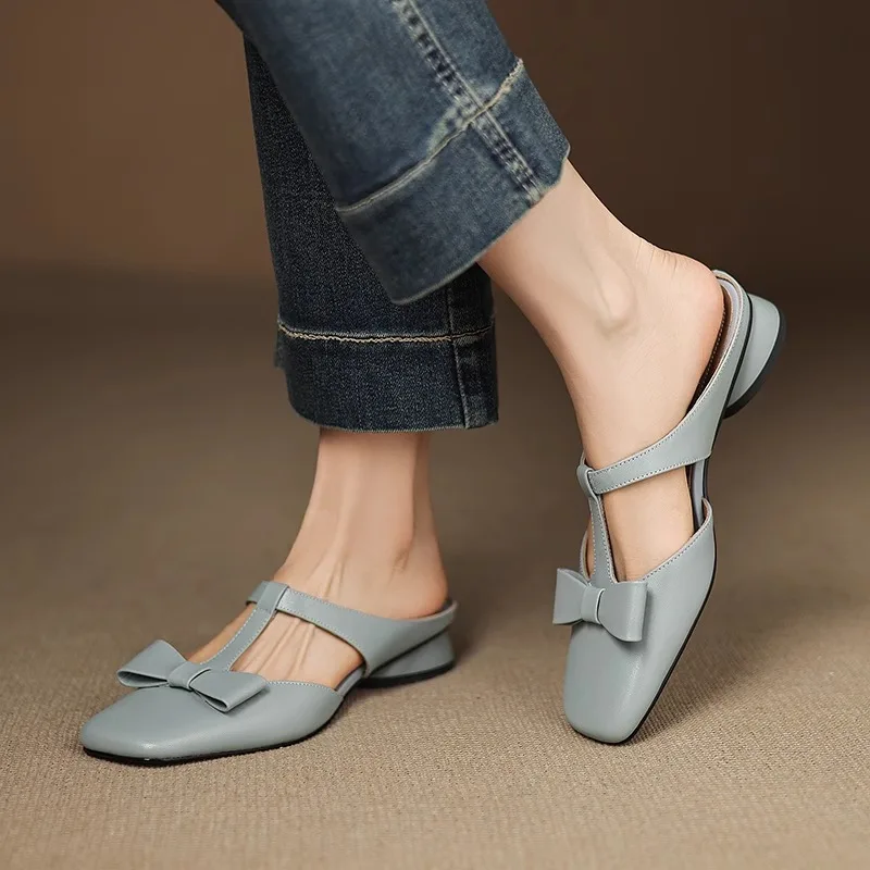Color: Beige, Shoe Size: 40 - New Spring Summer Butterfly-Knot Patent Leather Pointed Toe Women Slippers Fashion Thin High Heels Mules Shoes Elegant Pumps